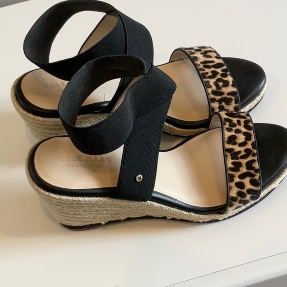 Cole Haan Black and Leopard Wedge Sandals
